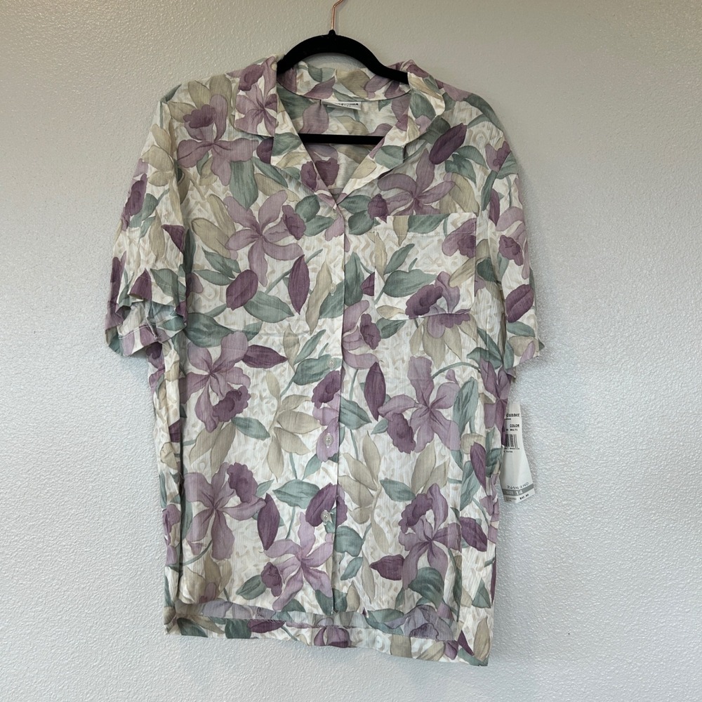 Alfred Dunner Bar Harbor Floral Rayon Button Up Shirt Purple Green Womens 14 NWT